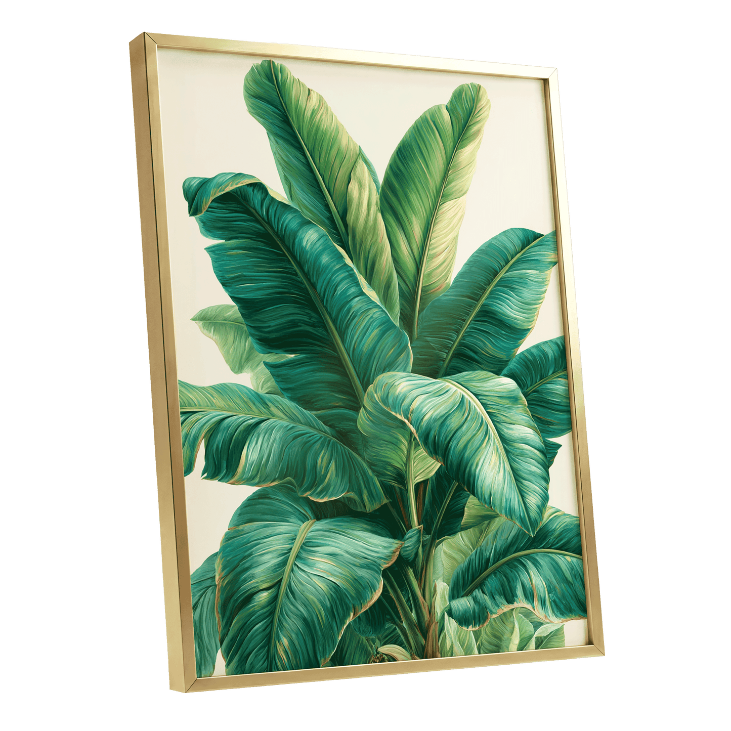 Verdant Canopy, green, blue, beige nature wall art shown as a gold framed poster wall art print