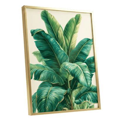 Verdant Canopy, green, blue, beige nature wall art shown as a gold framed poster wall art print