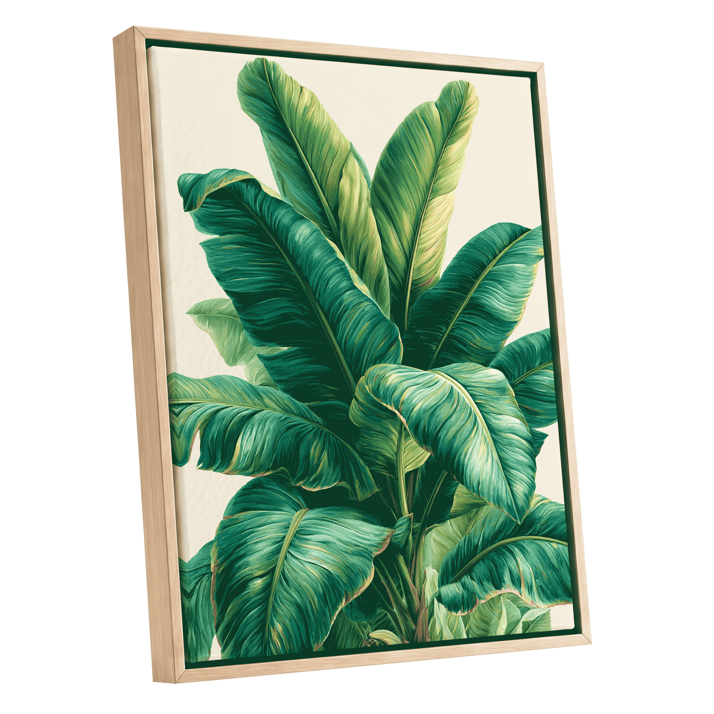 Verdant Canopy, green, blue, beige nature wall art shown as a oak framed canvas wall art