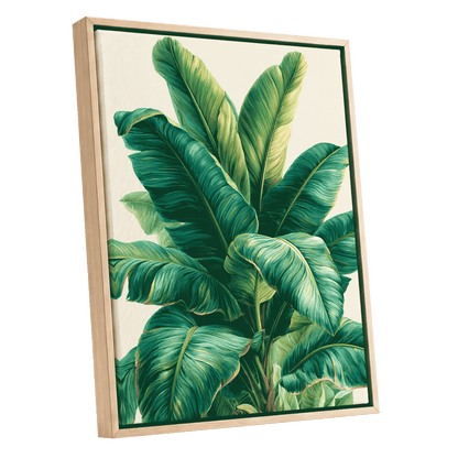Verdant Canopy, green, blue, beige nature wall art shown as a oak framed canvas wall art