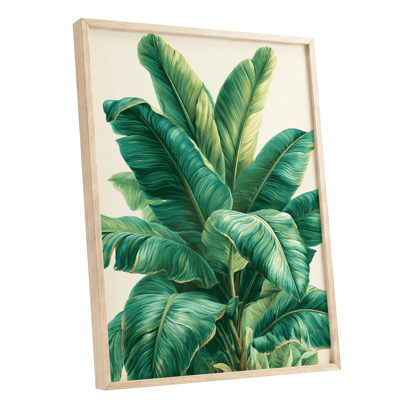 Verdant Canopy, green, blue, beige nature wall art shown as a oak framed poster wall art print