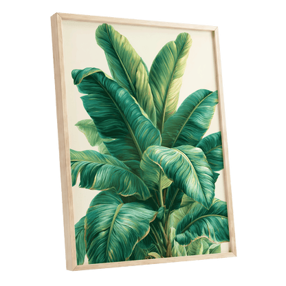 Verdant Canopy, green, blue, beige nature wall art shown as a oak framed poster wall art print