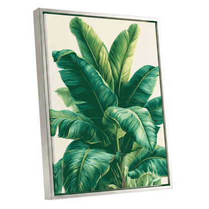 Verdant Canopy, green, blue, beige nature wall art shown as a silver framed canvas wall art