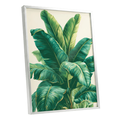 Verdant Canopy, green, blue, beige nature wall art shown as a silver framed poster wall art print