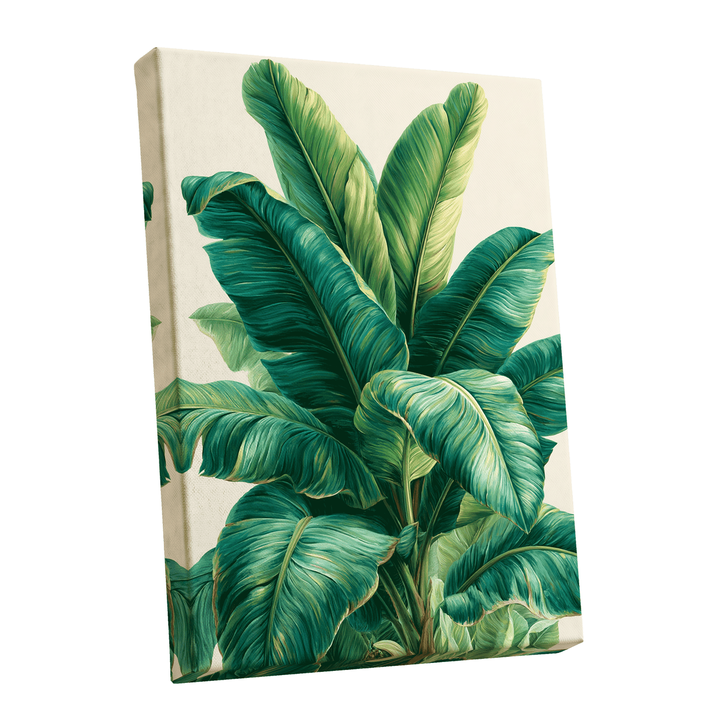 Verdant Canopy, green, blue, beige nature wall art shown as a stretched canvas wall art