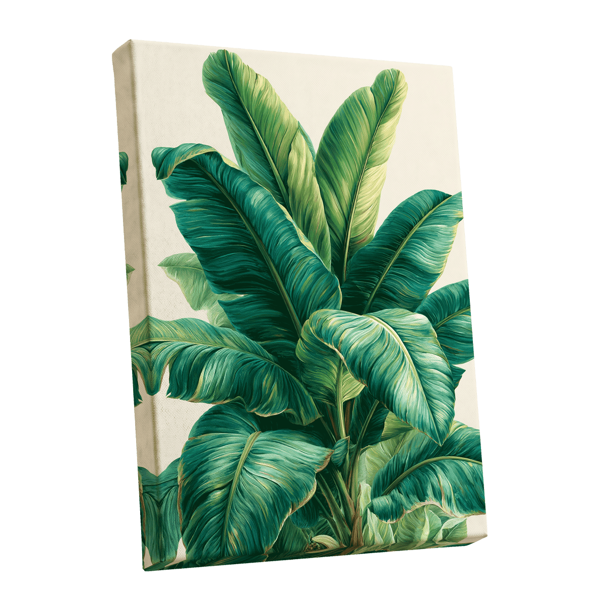 Verdant Canopy, green, blue, beige nature wall art shown as a stretched canvas wall art