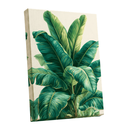 Verdant Canopy, green, blue, beige nature wall art shown as a stretched canvas wall art