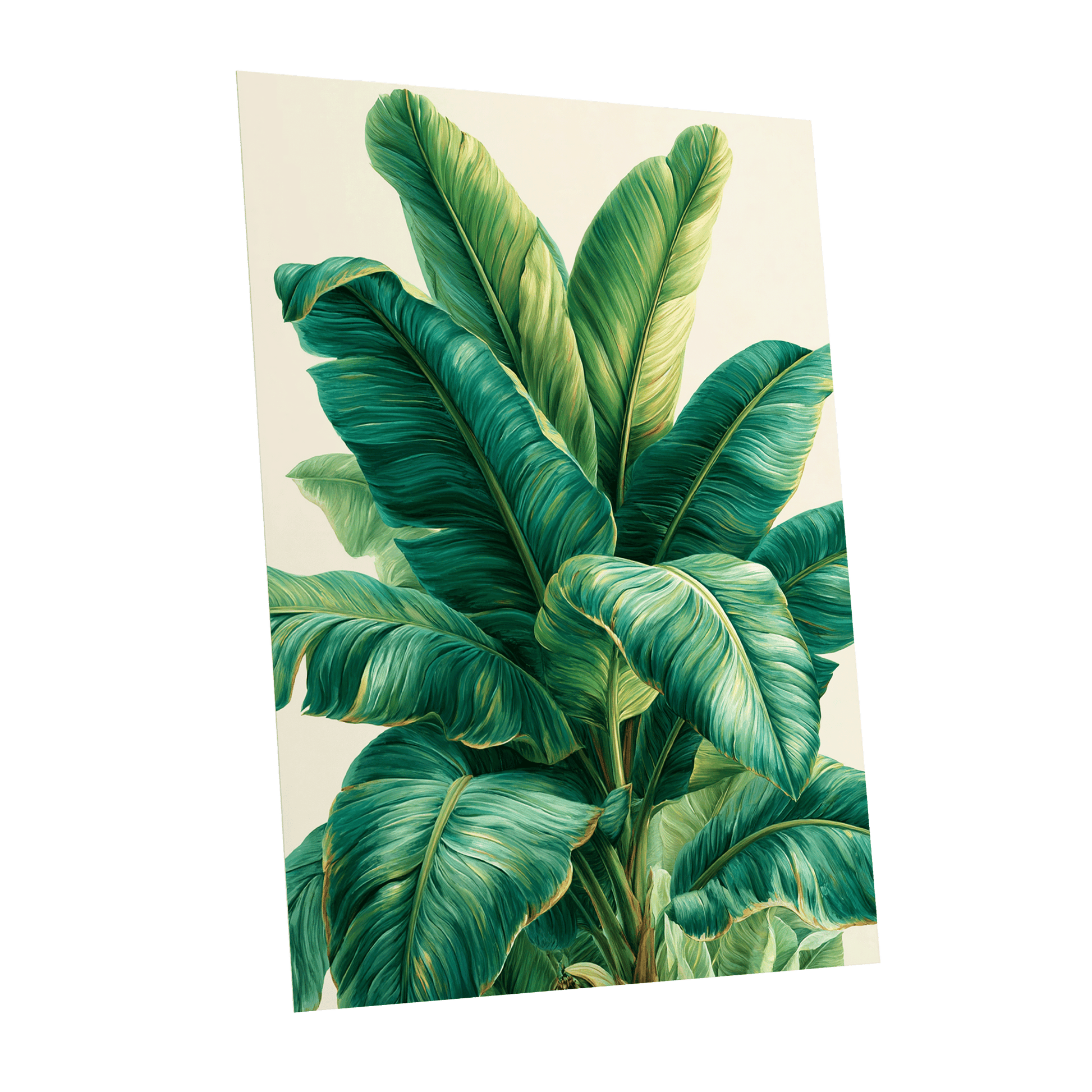Verdant Canopy, green, blue, beige nature wall art shown as a unframed poster wall art print