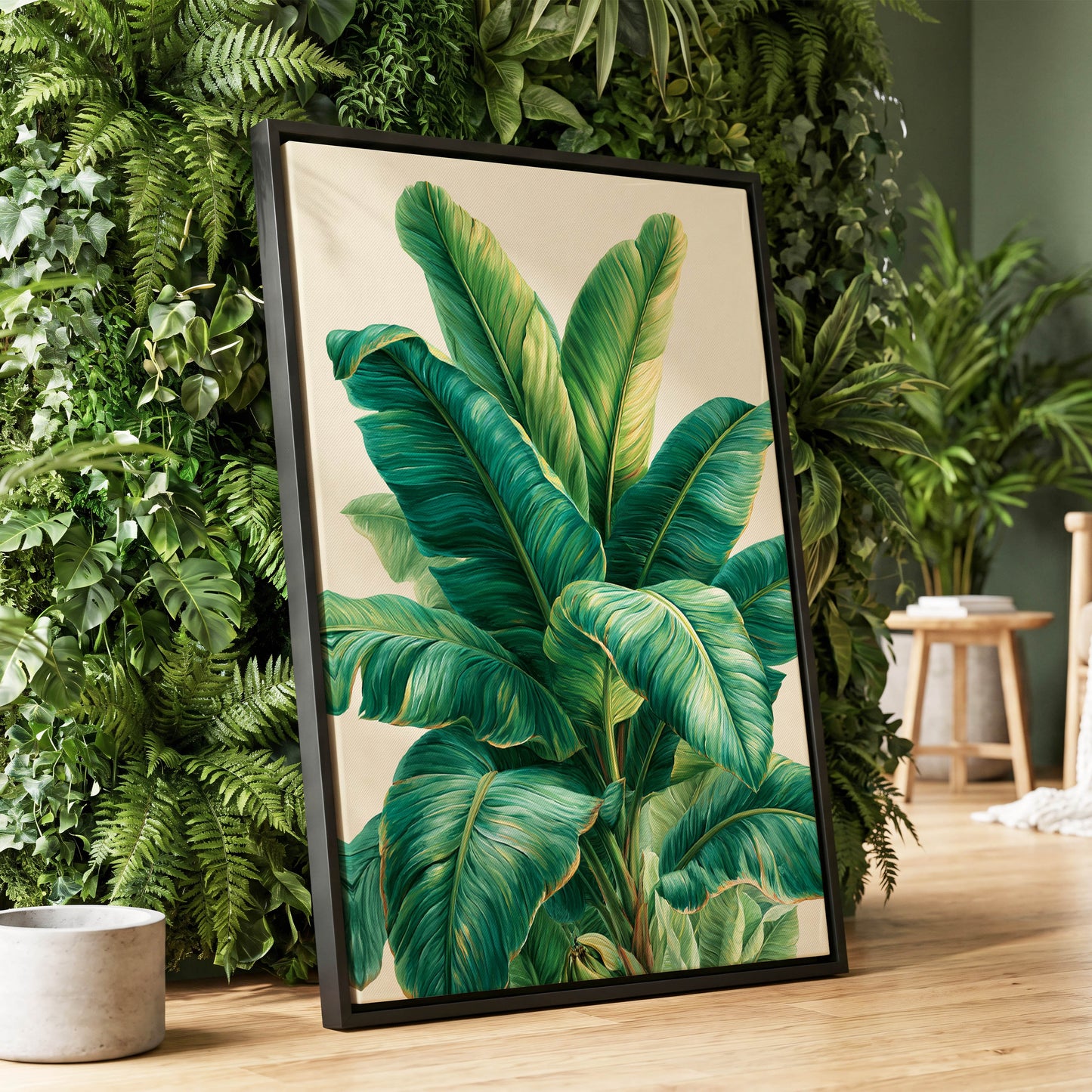 Verdant Canopy, green, blue, beige nature wall art displayed in a styled interior, gallery view 1