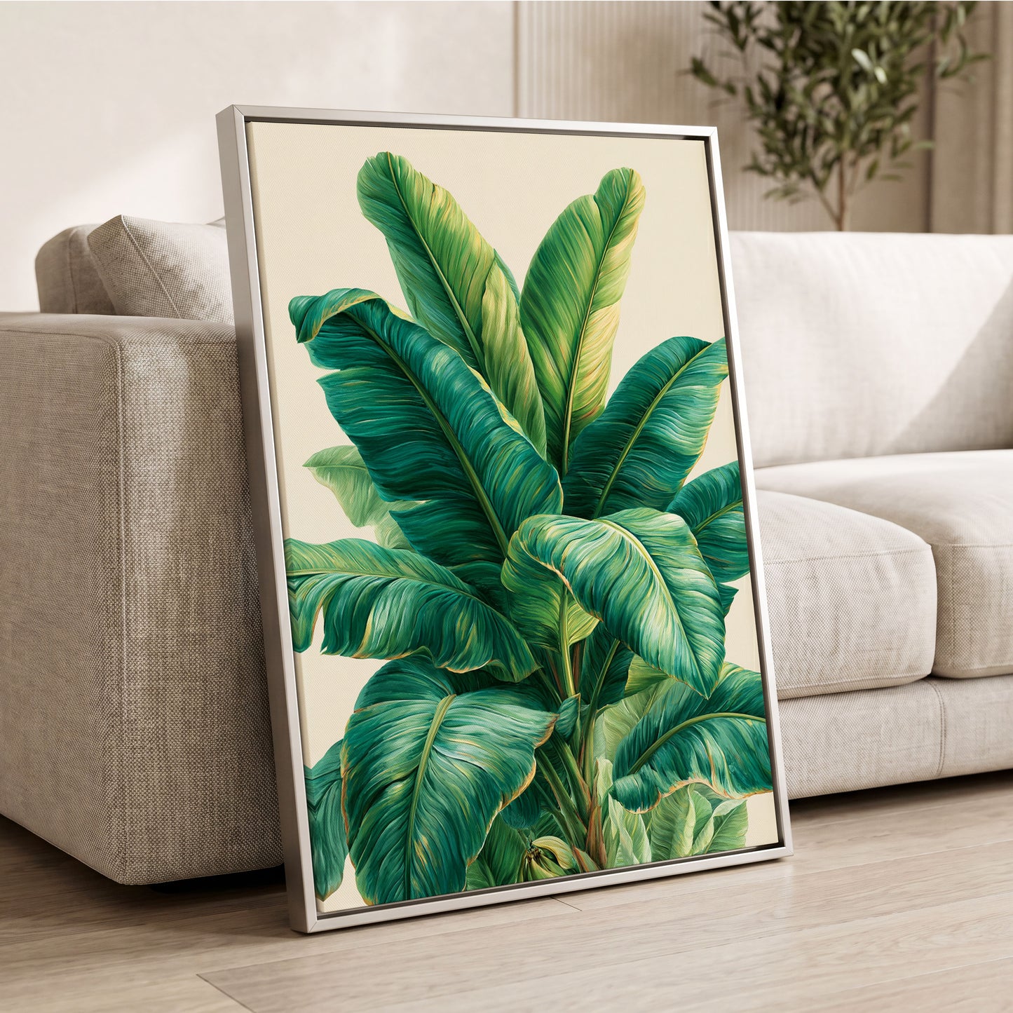 Verdant Canopy, green, blue, beige nature wall art displayed in a styled interior, gallery view 2