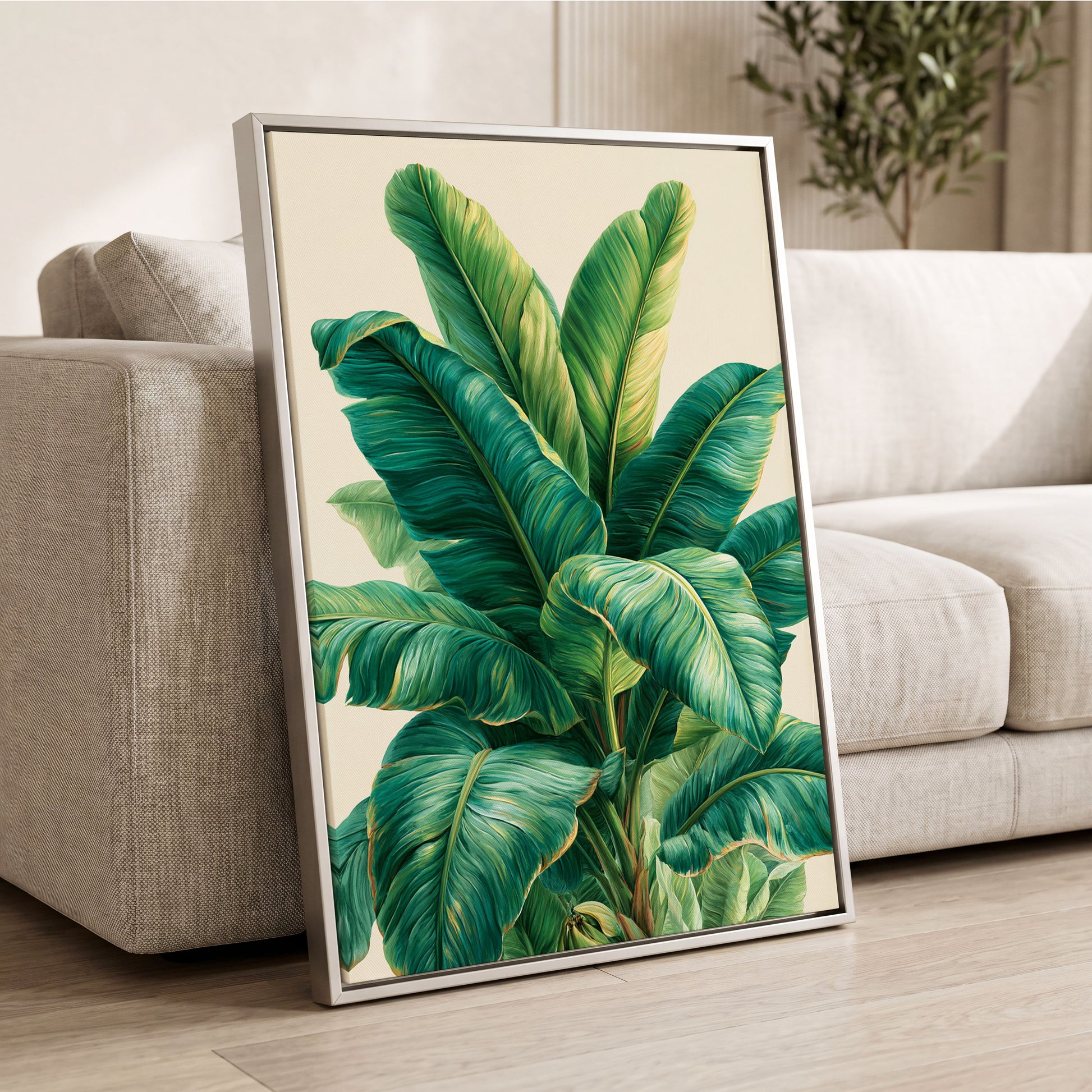 Verdant Canopy, green, blue, beige nature wall art displayed in a styled interior, gallery view 2