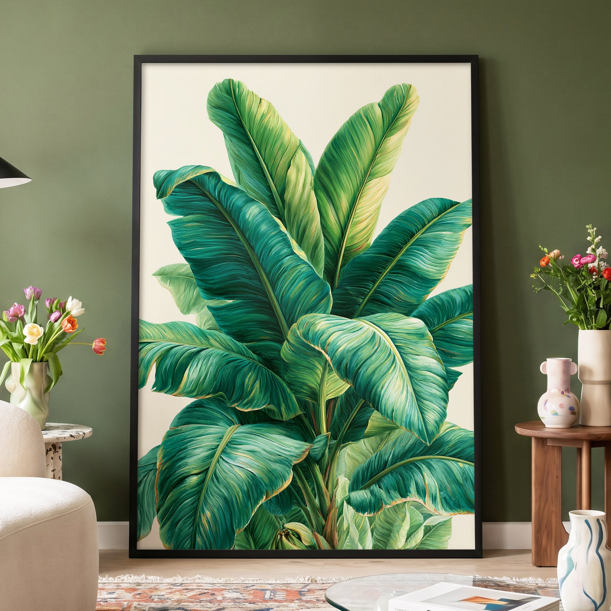 Verdant Canopy, green, blue, beige nature wall art displayed in a styled interior, gallery view 4
