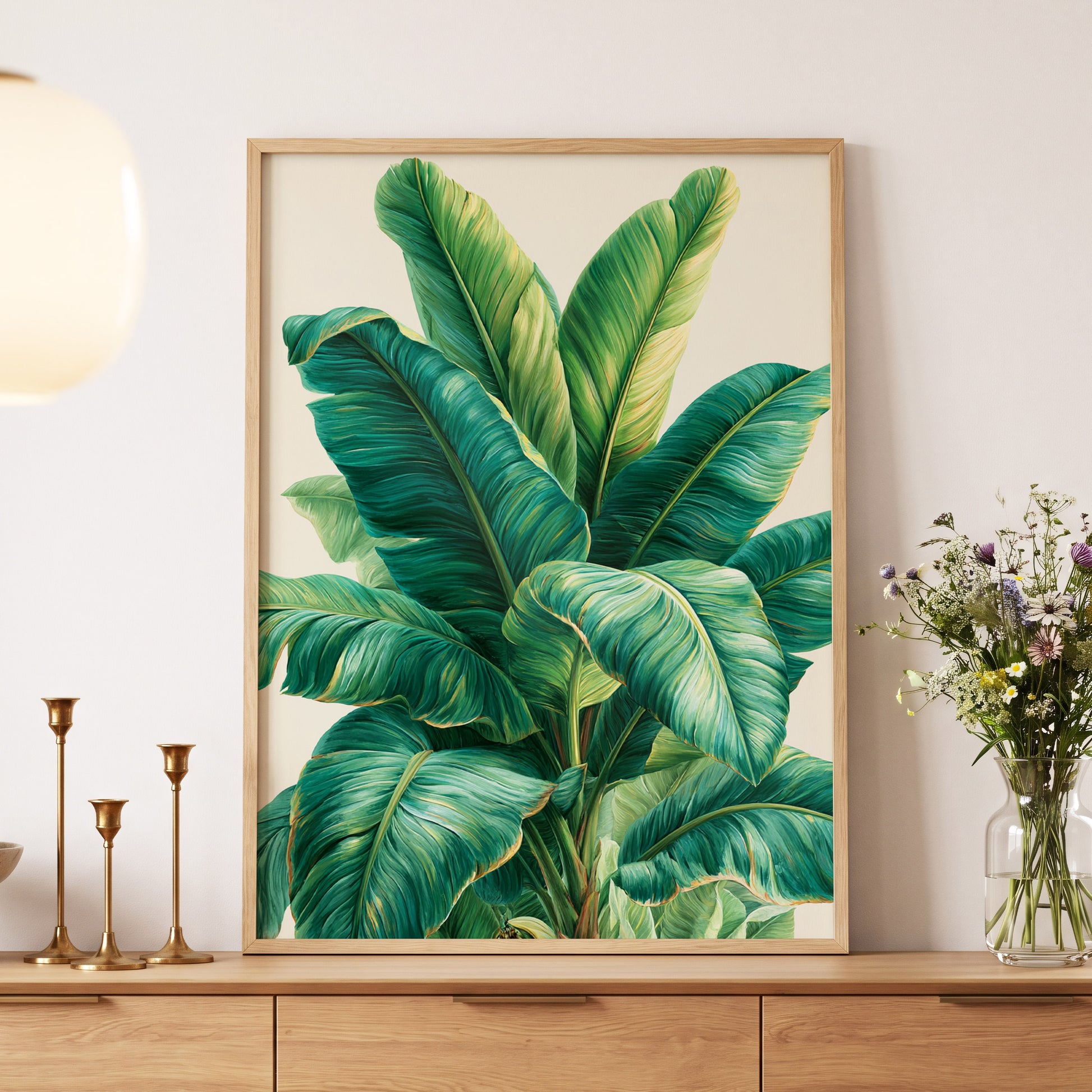Verdant Canopy, green, blue, beige nature wall art displayed in a styled interior, gallery view 5
