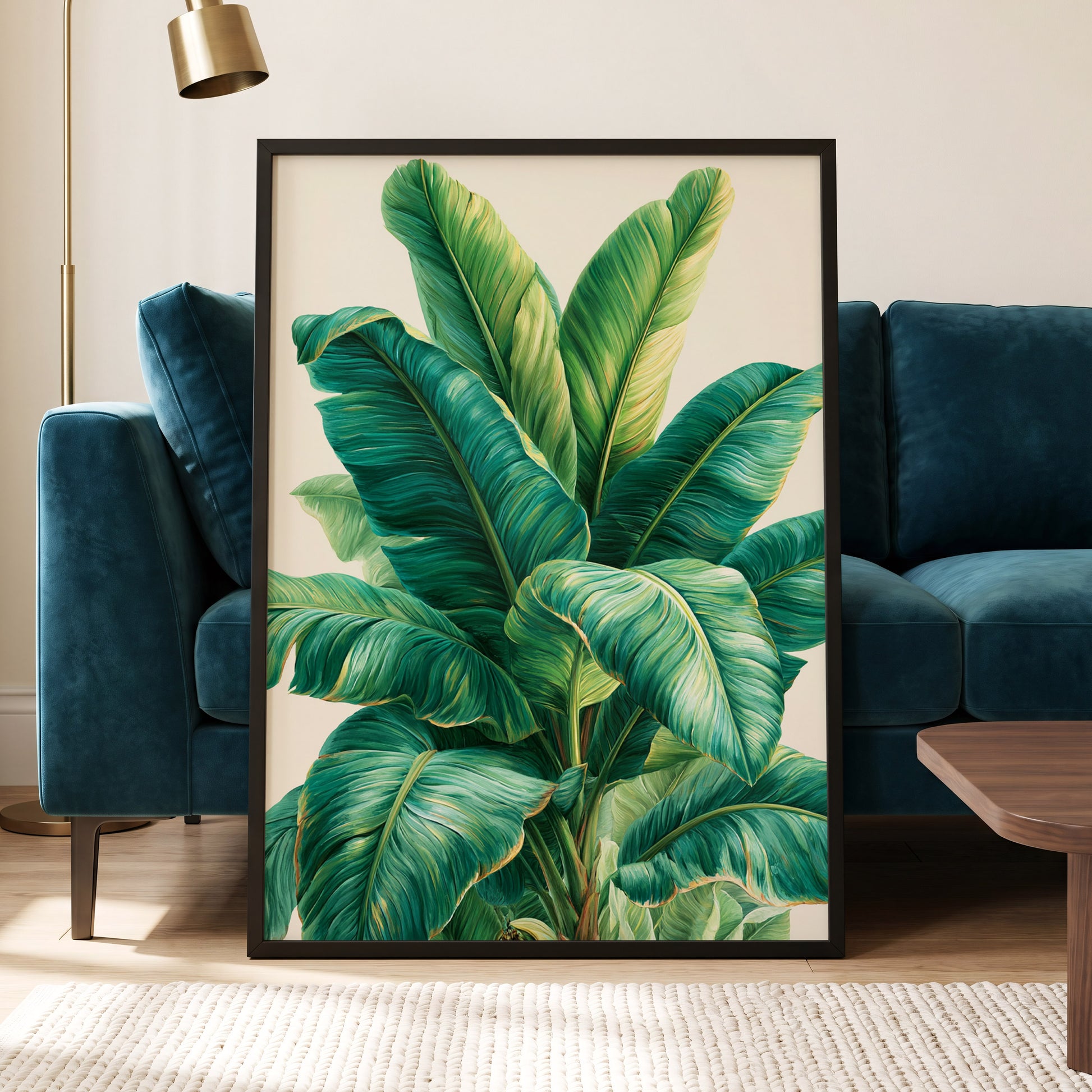 Verdant Canopy, green, blue, beige nature wall art displayed in a styled interior, gallery view 6