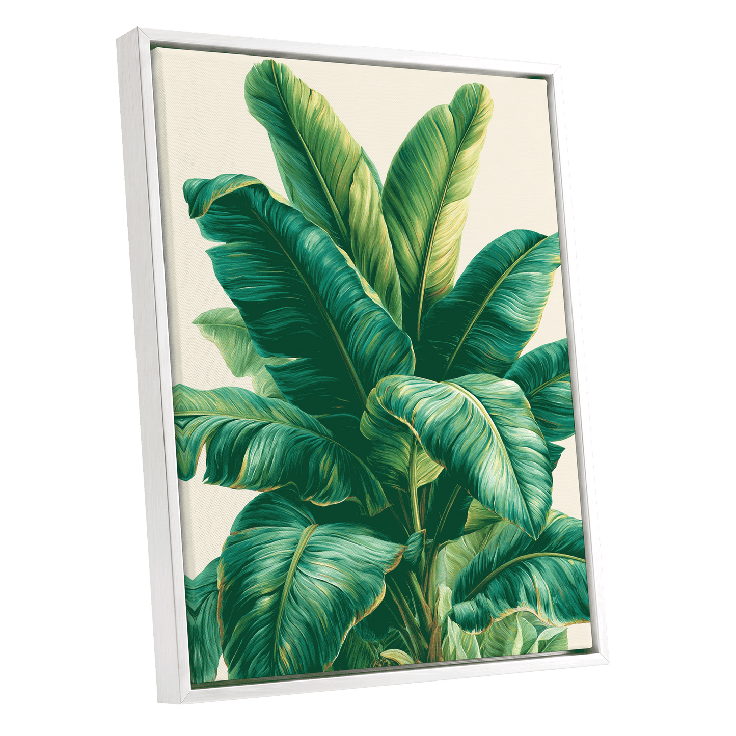Verdant Canopy, green, blue, beige nature wall art shown as a white framed canvas wall art