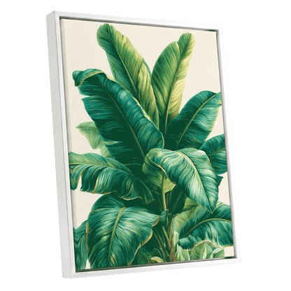 Verdant Canopy, green, blue, beige nature wall art shown as a white framed canvas wall art