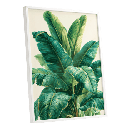 Verdant Canopy, green, blue, beige nature wall art shown as a white framed poster wall art print