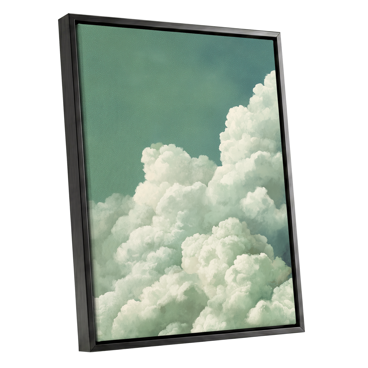 Verdant Cloudscape, green, white, blue nature wall art shown as a black framed canvas wall art