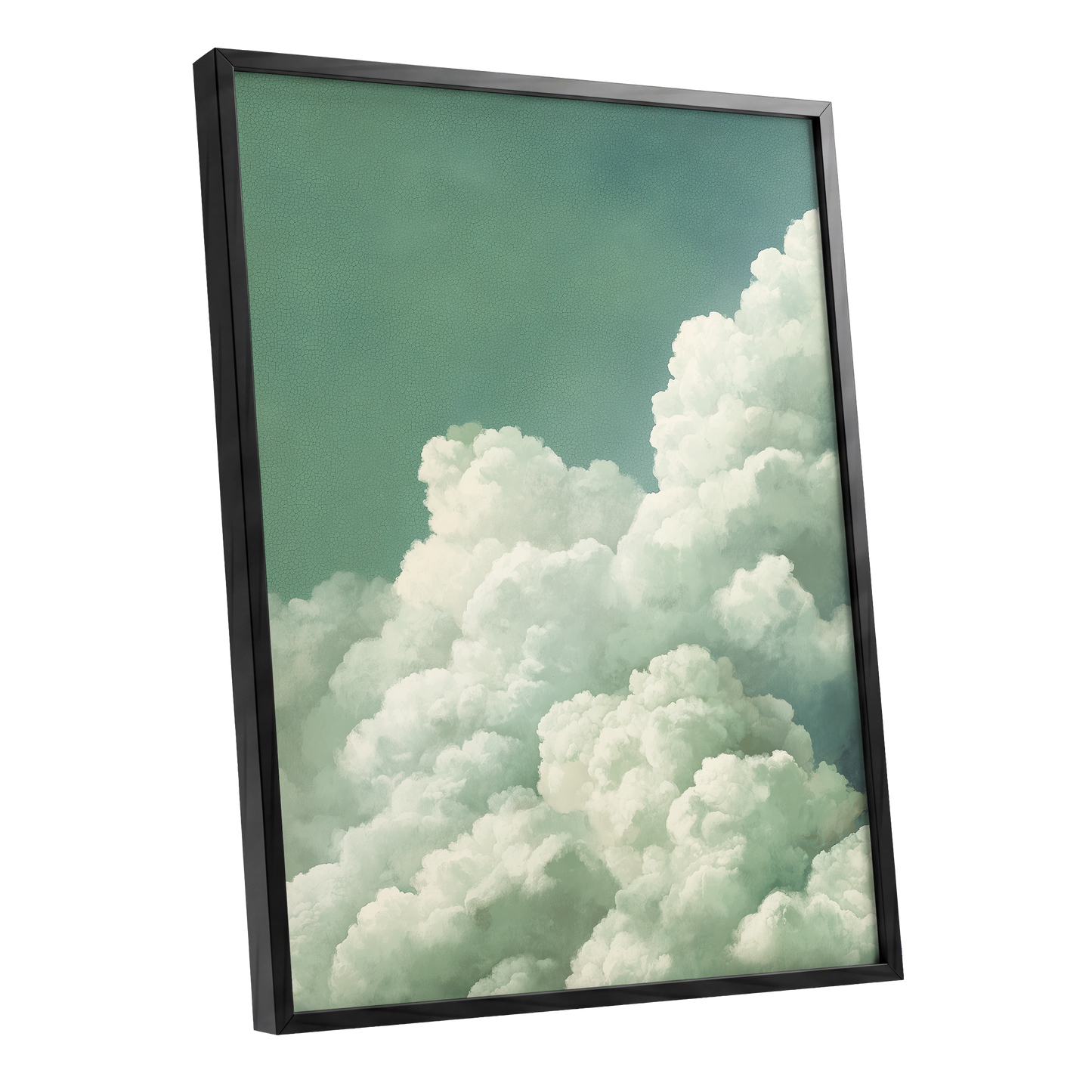 Verdant Cloudscape, green, white, blue nature wall art shown as a black framed poster wall art print