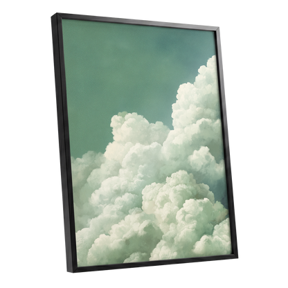 Verdant Cloudscape, green, white, blue nature wall art shown as a black framed poster wall art print
