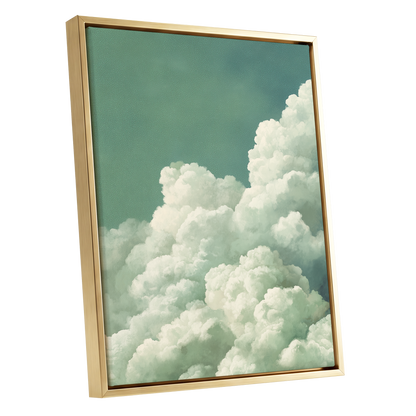 Verdant Cloudscape, green, white, blue nature wall art shown as a gold framed canvas wall art