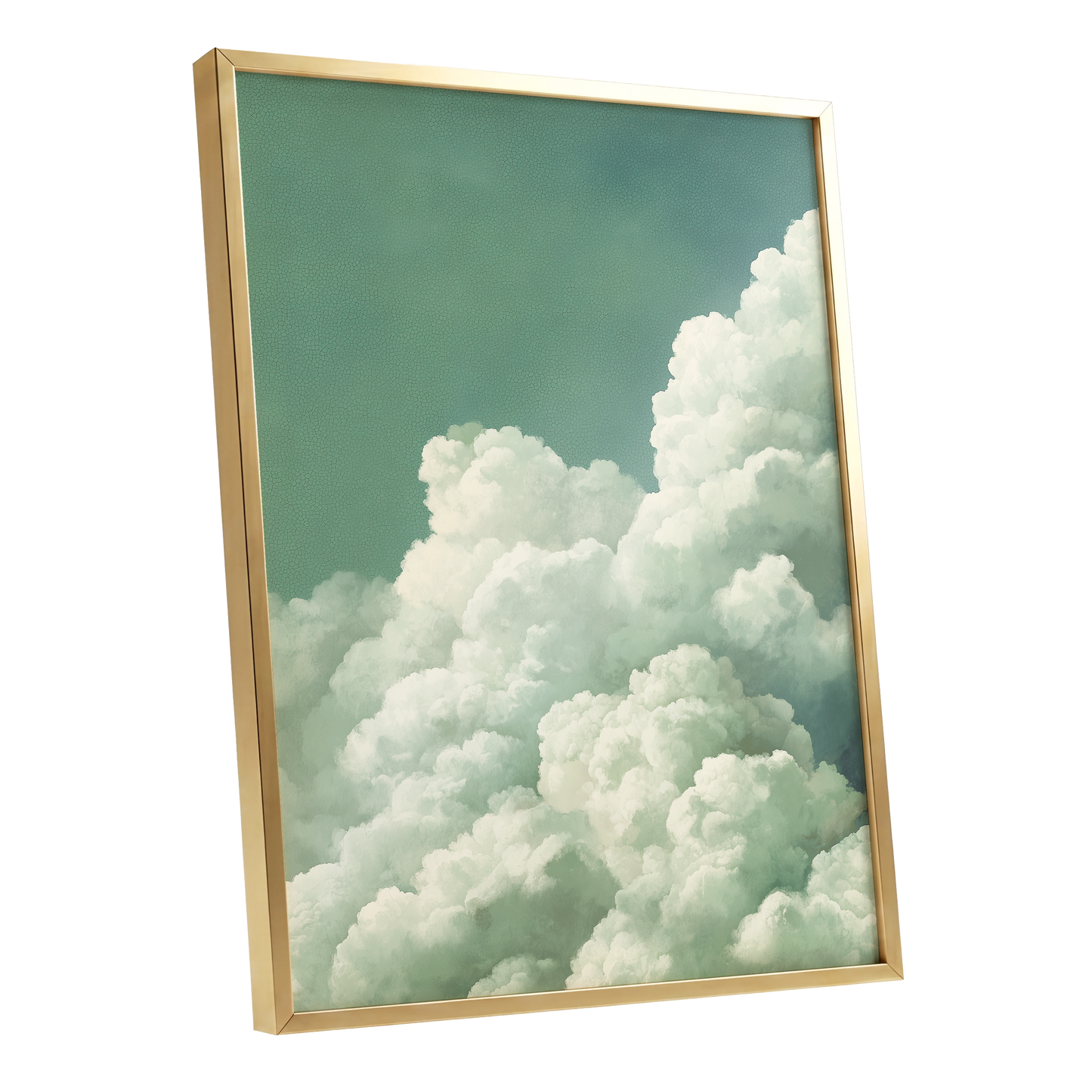 Verdant Cloudscape, green, white, blue nature wall art shown as a gold framed poster wall art print