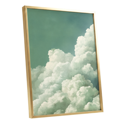 Verdant Cloudscape, green, white, blue nature wall art shown as a gold framed poster wall art print