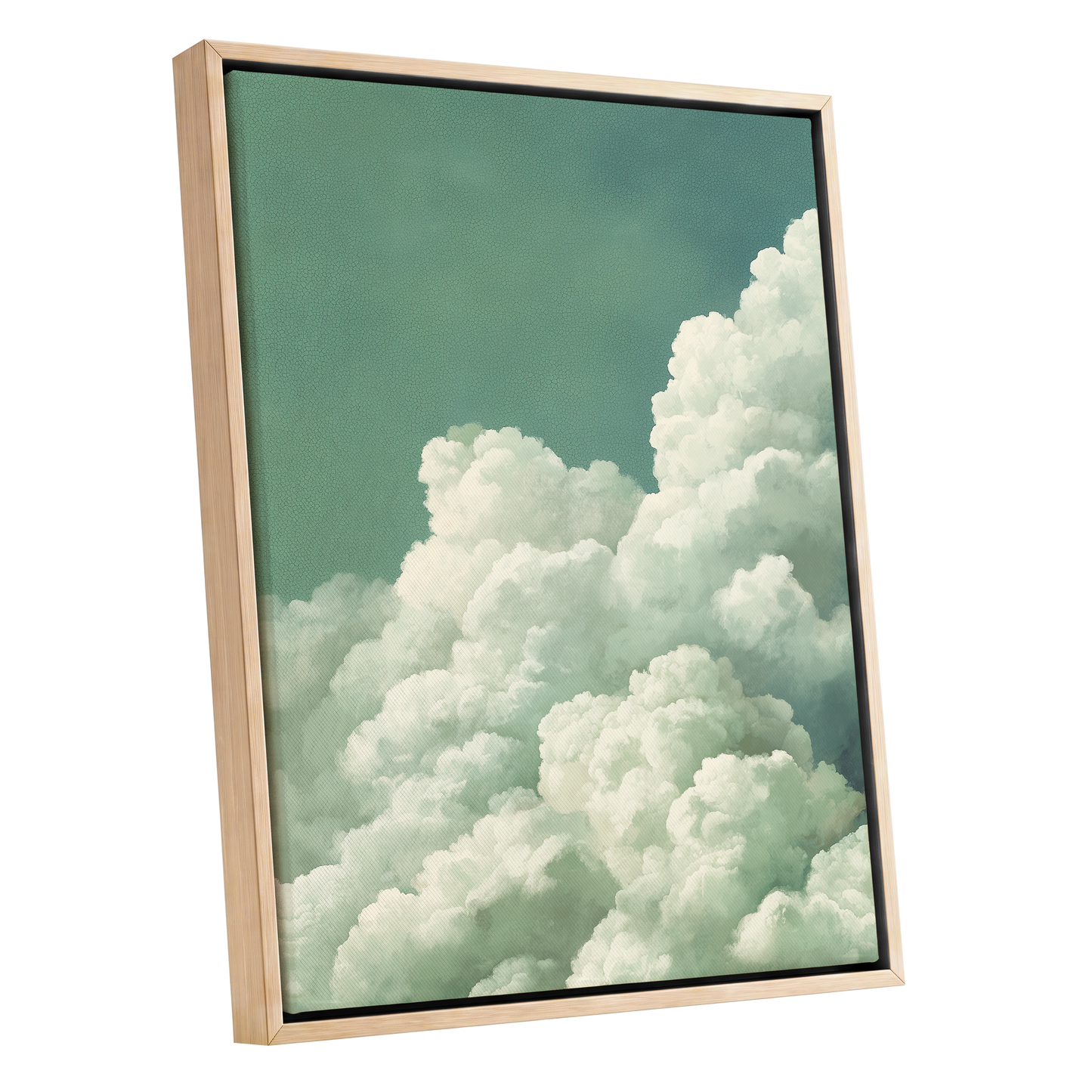 Verdant Cloudscape, green, white, blue nature wall art shown as a oak framed canvas wall art
