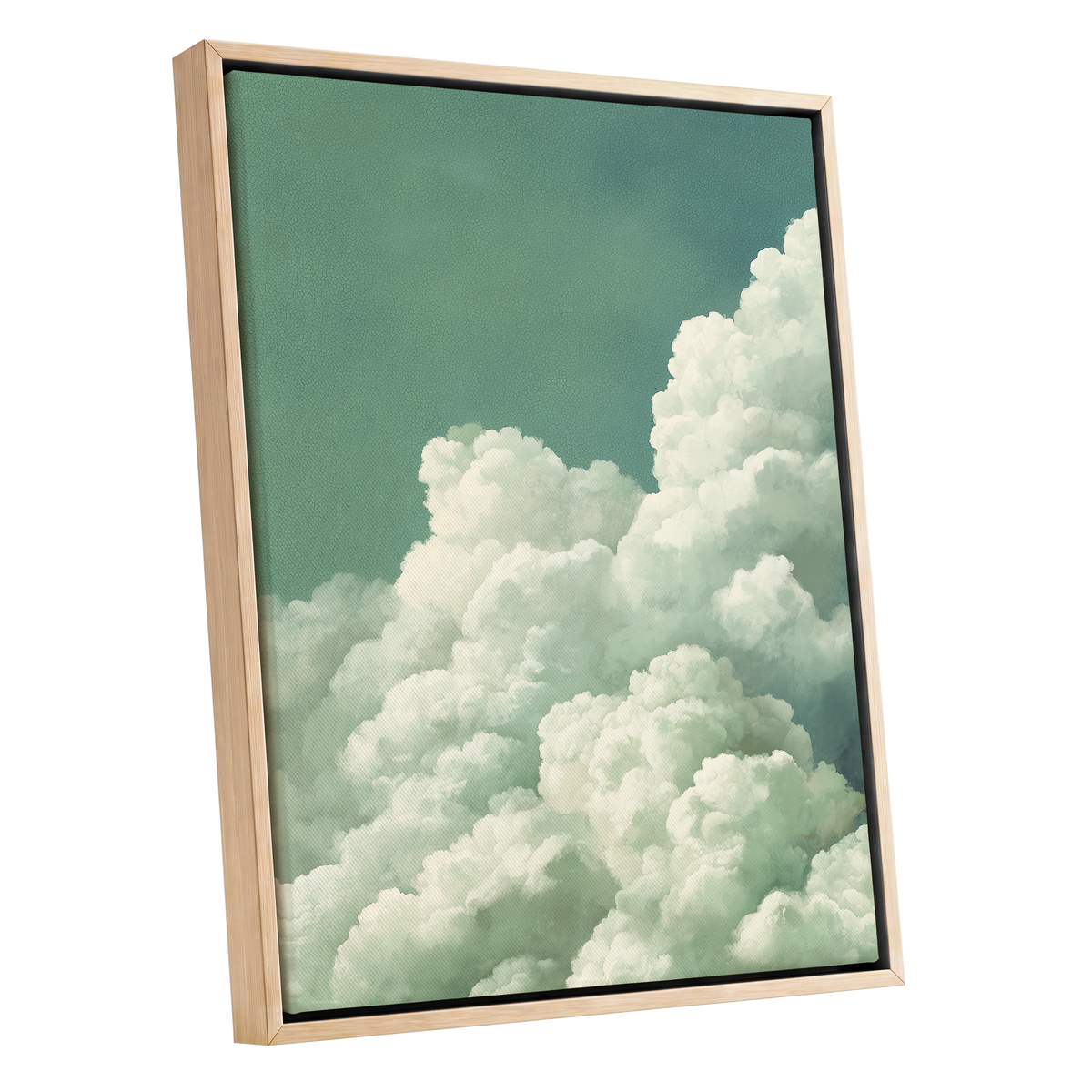 Verdant Cloudscape, green, white, blue nature wall art shown as a oak framed canvas wall art