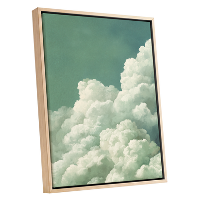 Verdant Cloudscape, green, white, blue nature wall art shown as a oak framed canvas wall art