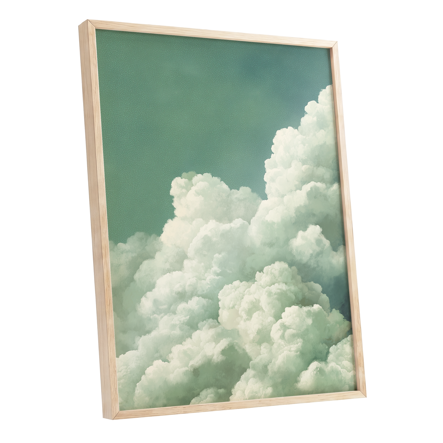 Verdant Cloudscape, green, white, blue nature wall art shown as a oak framed poster wall art print