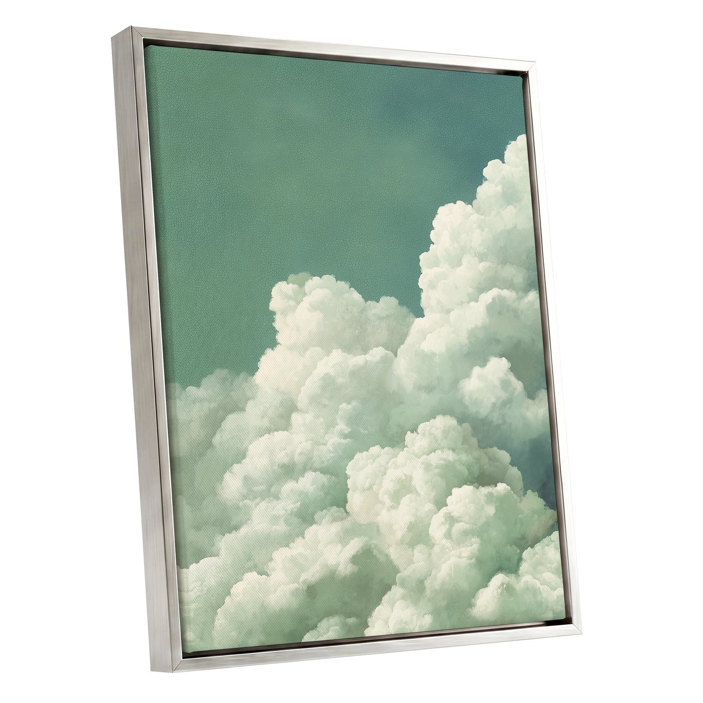 Verdant Cloudscape, green, white, blue nature wall art shown as a silver framed canvas wall art