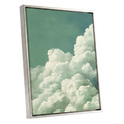 Verdant Cloudscape, green, white, blue nature wall art shown as a silver framed canvas wall art