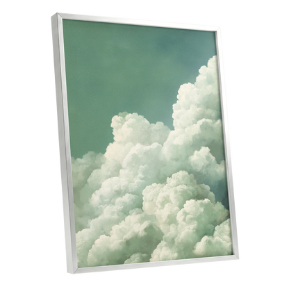 Verdant Cloudscape, green, white, blue nature wall art shown as a silver framed poster wall art print