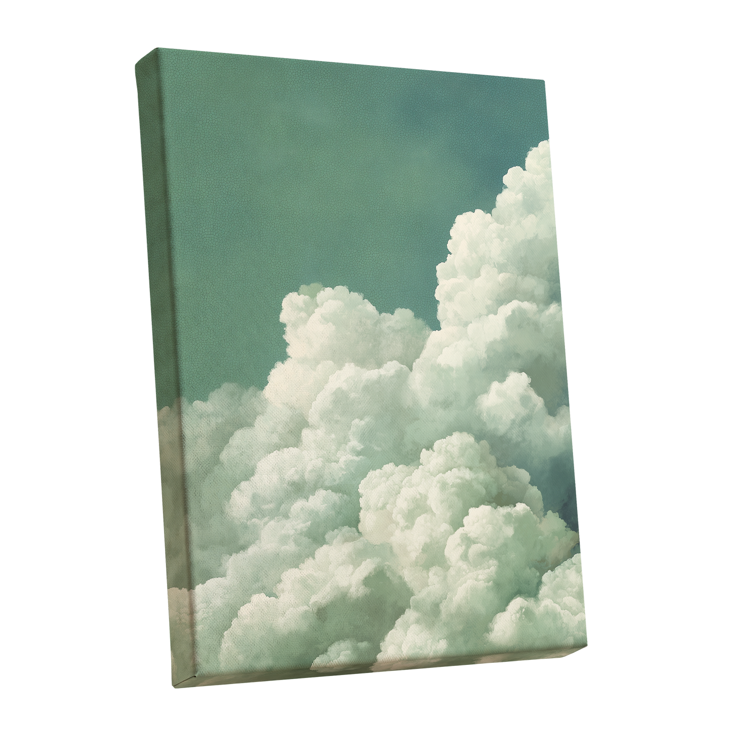 Verdant Cloudscape, green, white, blue nature wall art shown as a stretched canvas wall art