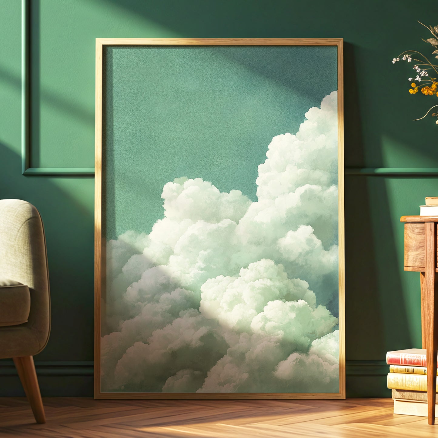 Verdant Cloudscape, green, white, blue nature wall art displayed in a styled interior, gallery view 2