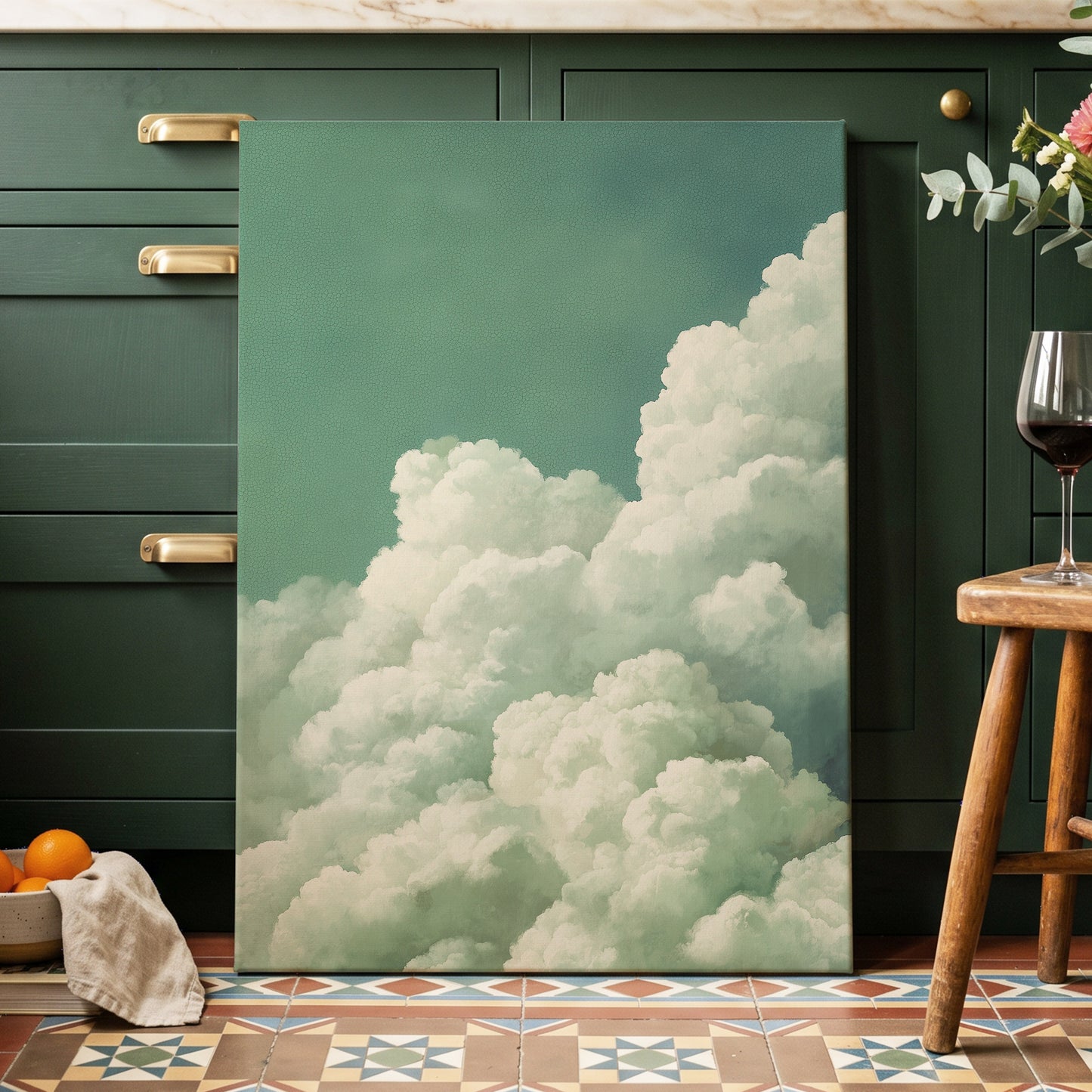 Verdant Cloudscape, green, white, blue nature wall art displayed in a styled interior, gallery view 3