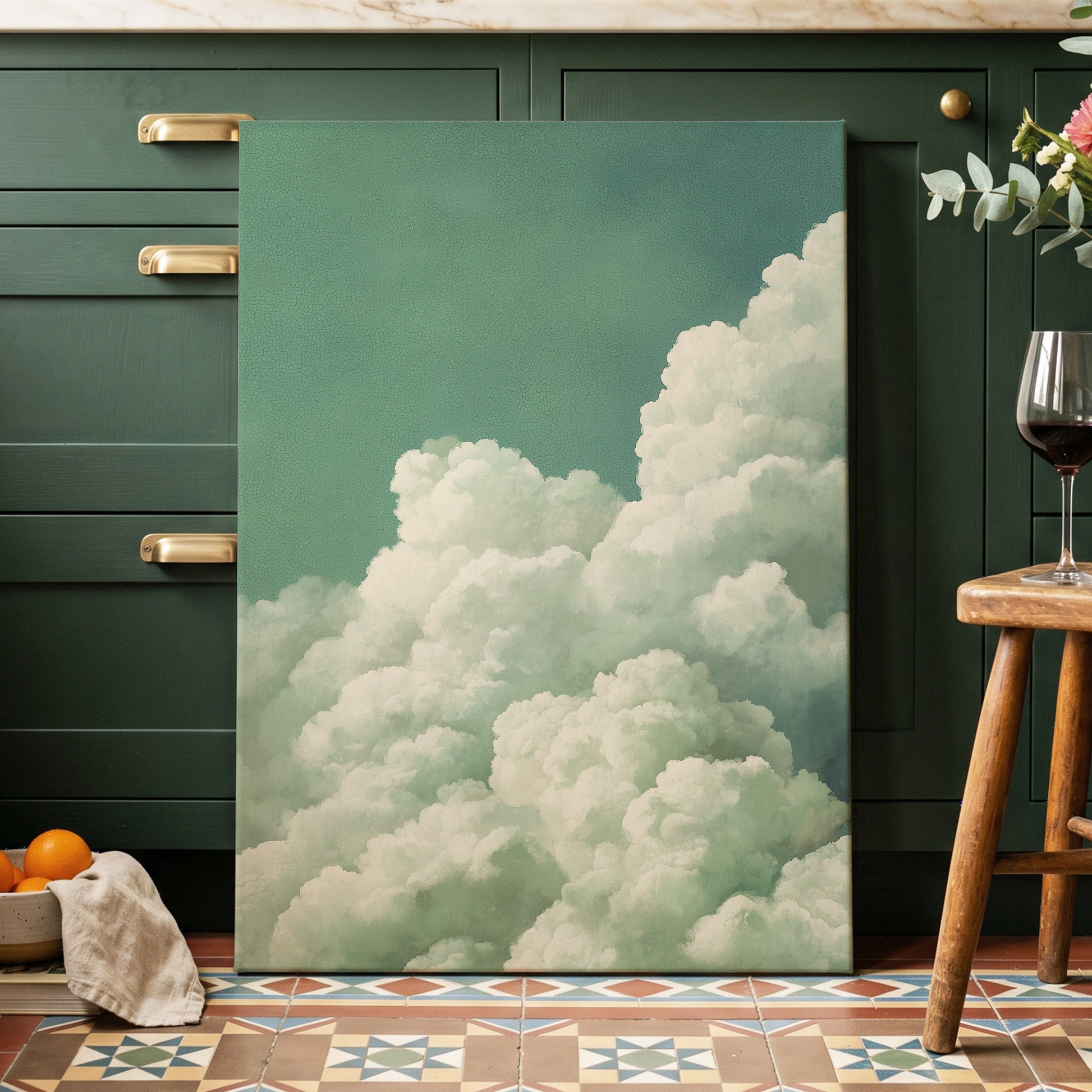 Verdant Cloudscape, green, white, blue nature wall art displayed in a styled interior, gallery view 3