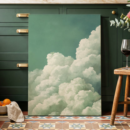 Verdant Cloudscape, green, white, blue nature wall art displayed in a styled interior, gallery view 3