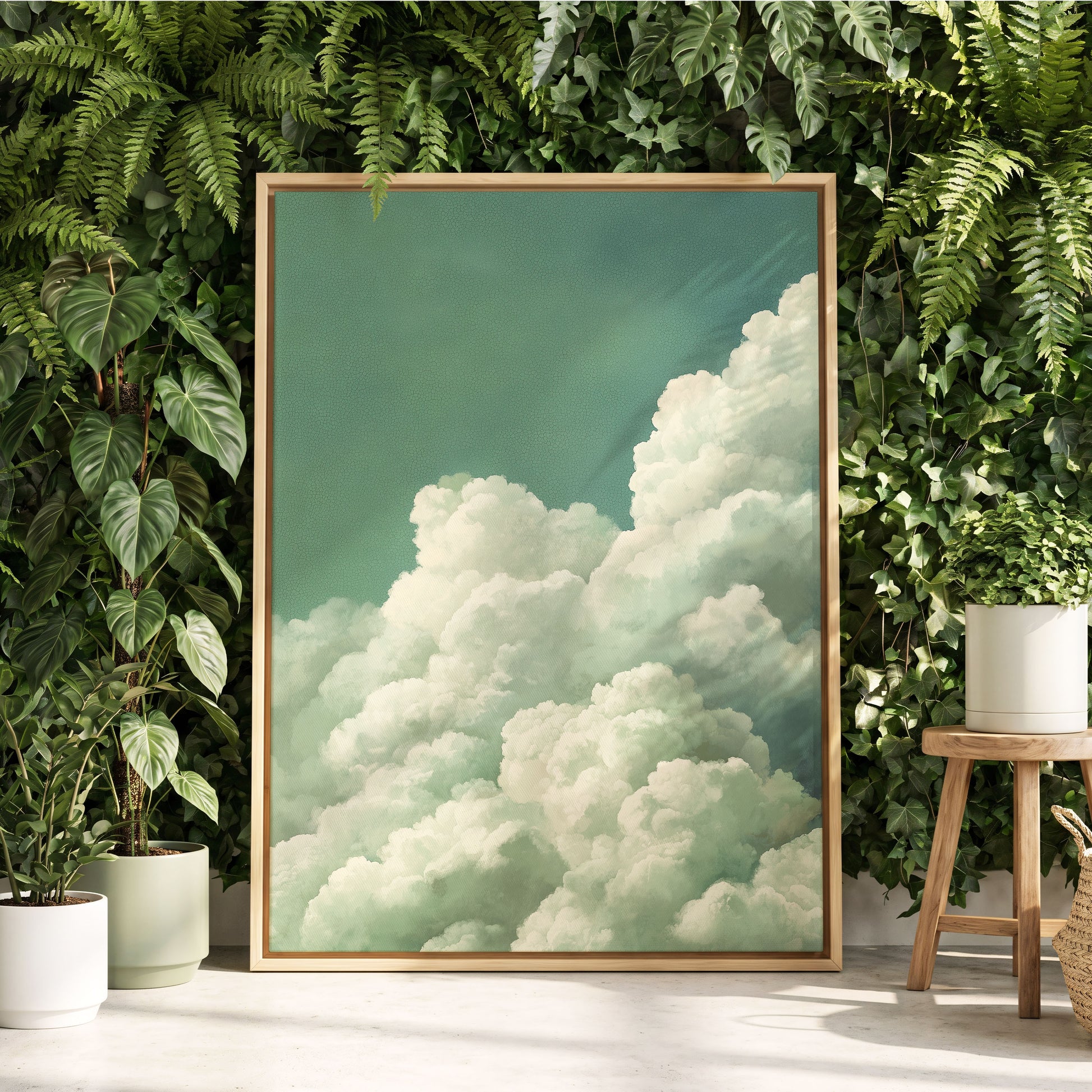 Verdant Cloudscape, green, white, blue nature wall art displayed in a styled interior, gallery view 4