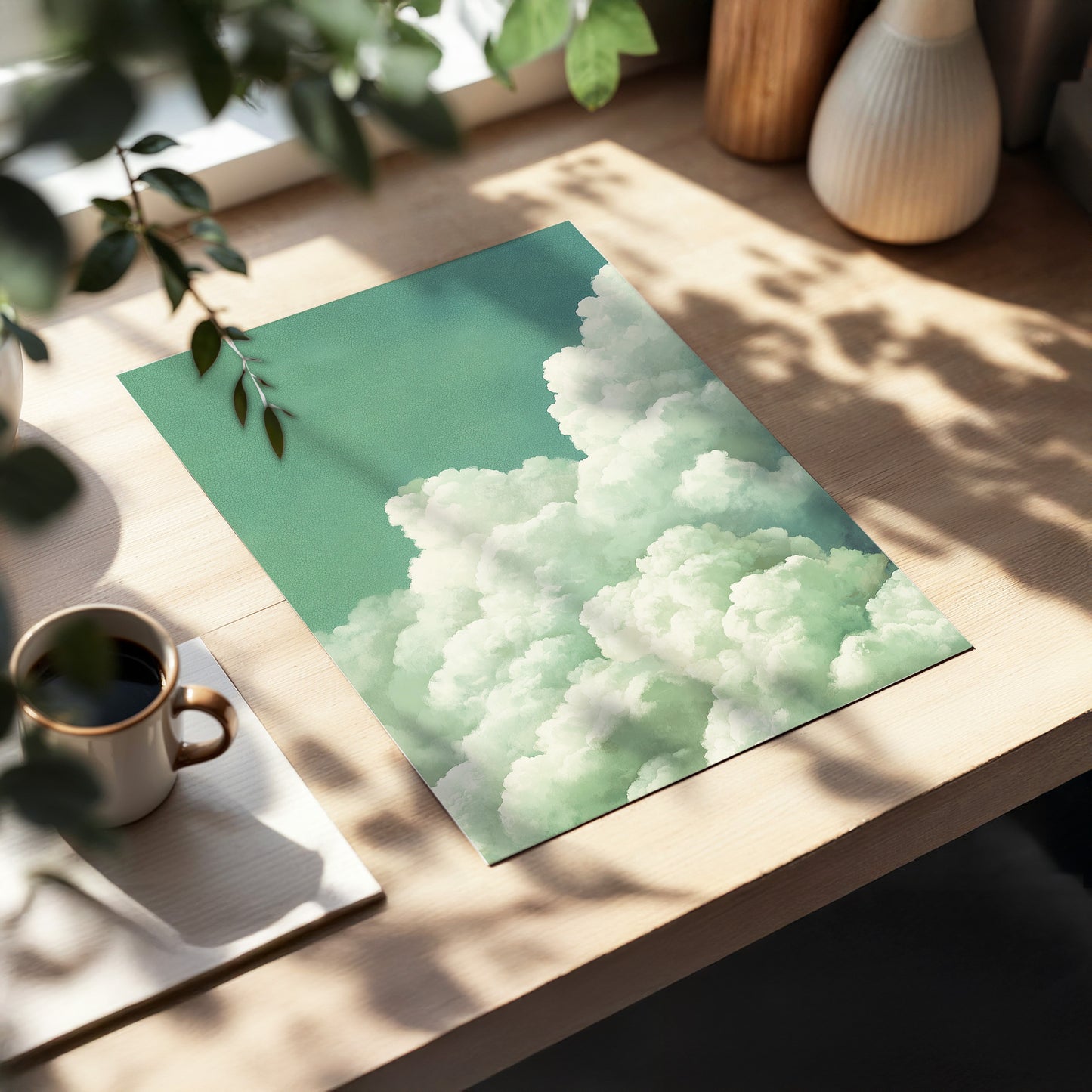 Verdant Cloudscape, green, white, blue nature wall art displayed in a styled interior, gallery view 5