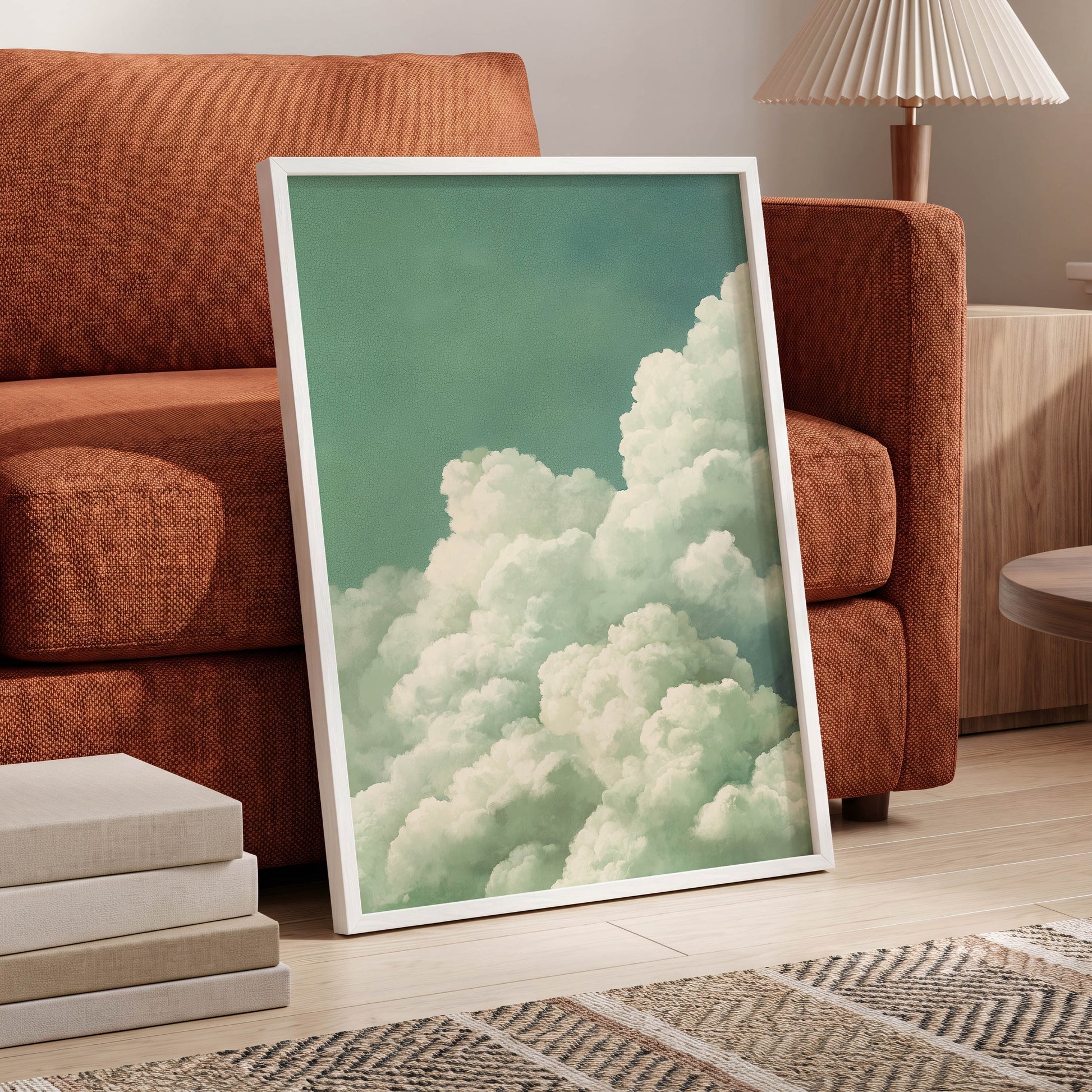 Verdant Cloudscape, green, white, blue nature wall art displayed in a styled interior, gallery view 6
