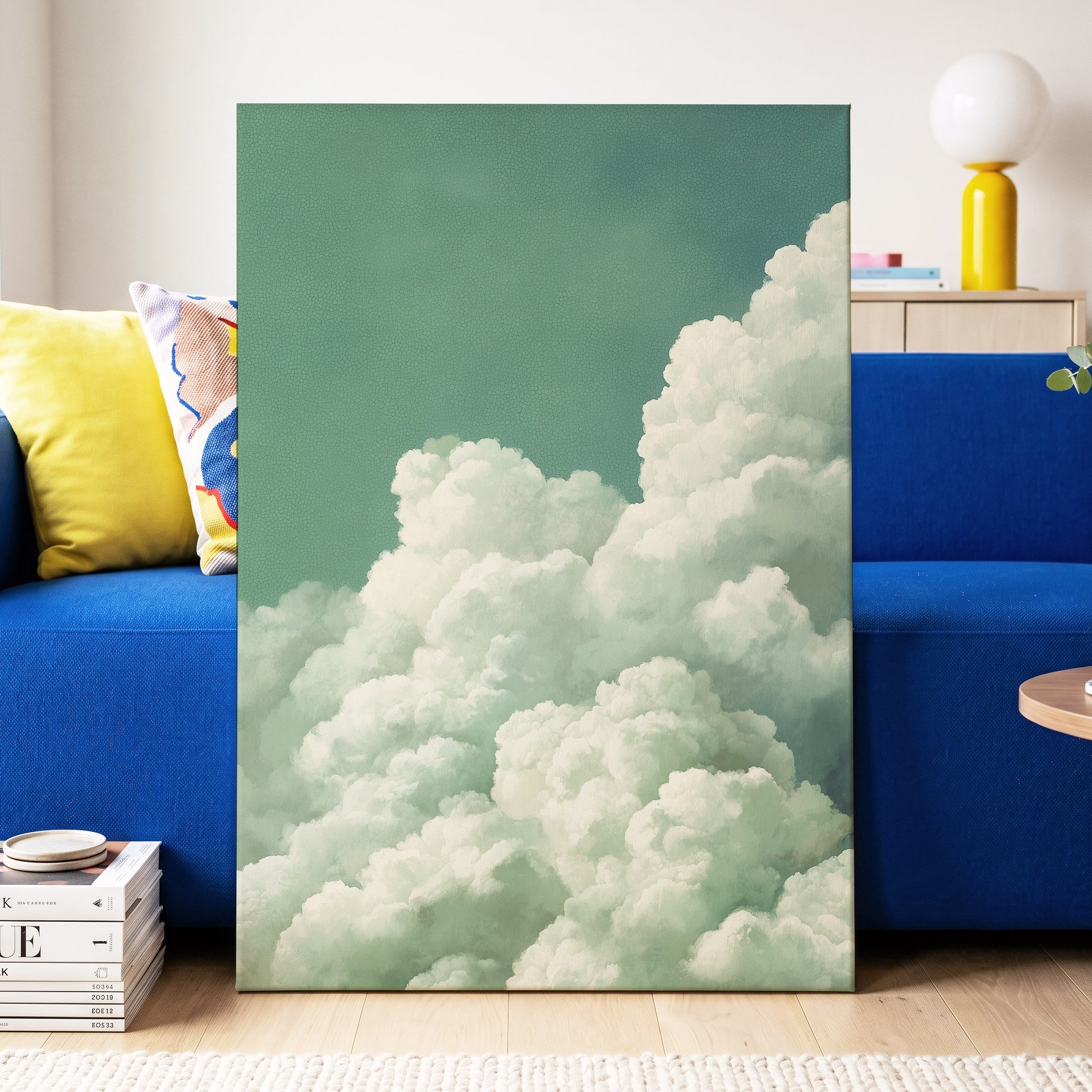 Verdant Cloudscape, green, white, blue nature wall art displayed in a styled interior, gallery view 7