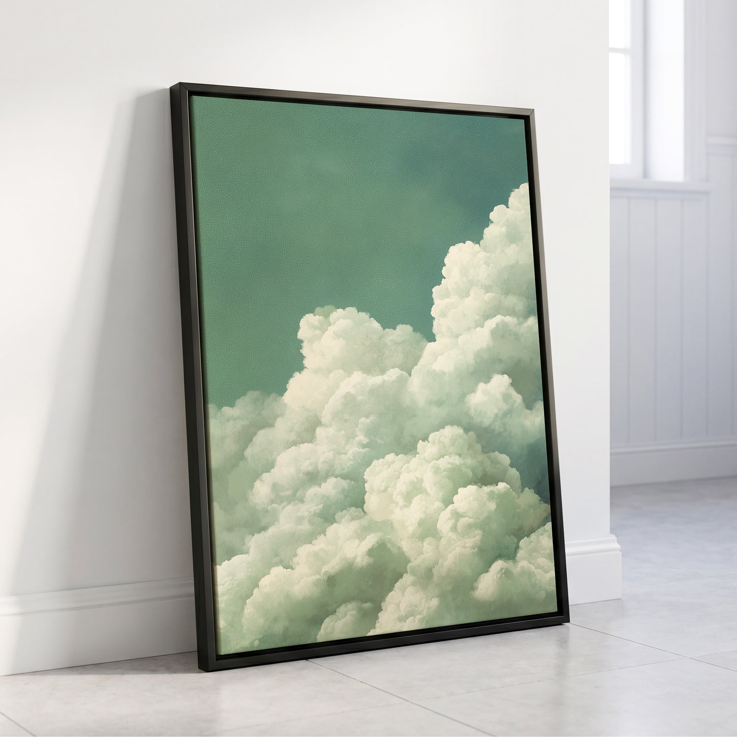 Verdant Cloudscape, green, white, blue nature wall art displayed in a styled interior, gallery view 8