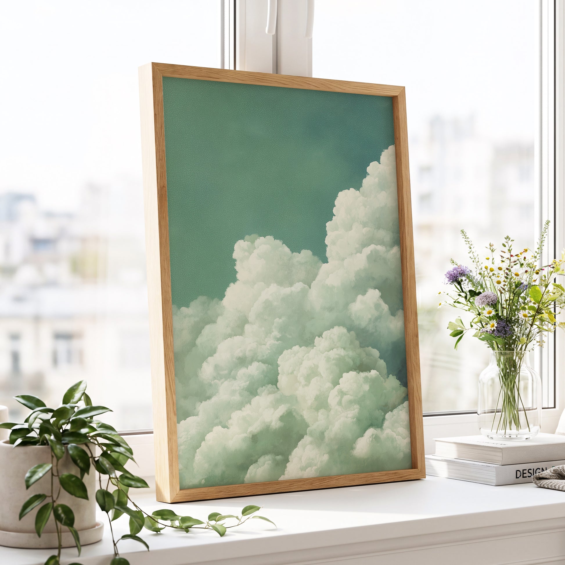 Verdant Cloudscape, green, white, blue nature wall art displayed in a styled interior, gallery view 9