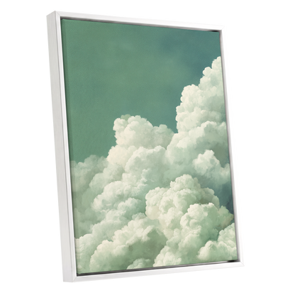 Verdant Cloudscape, green, white, blue nature wall art shown as a white framed canvas wall art