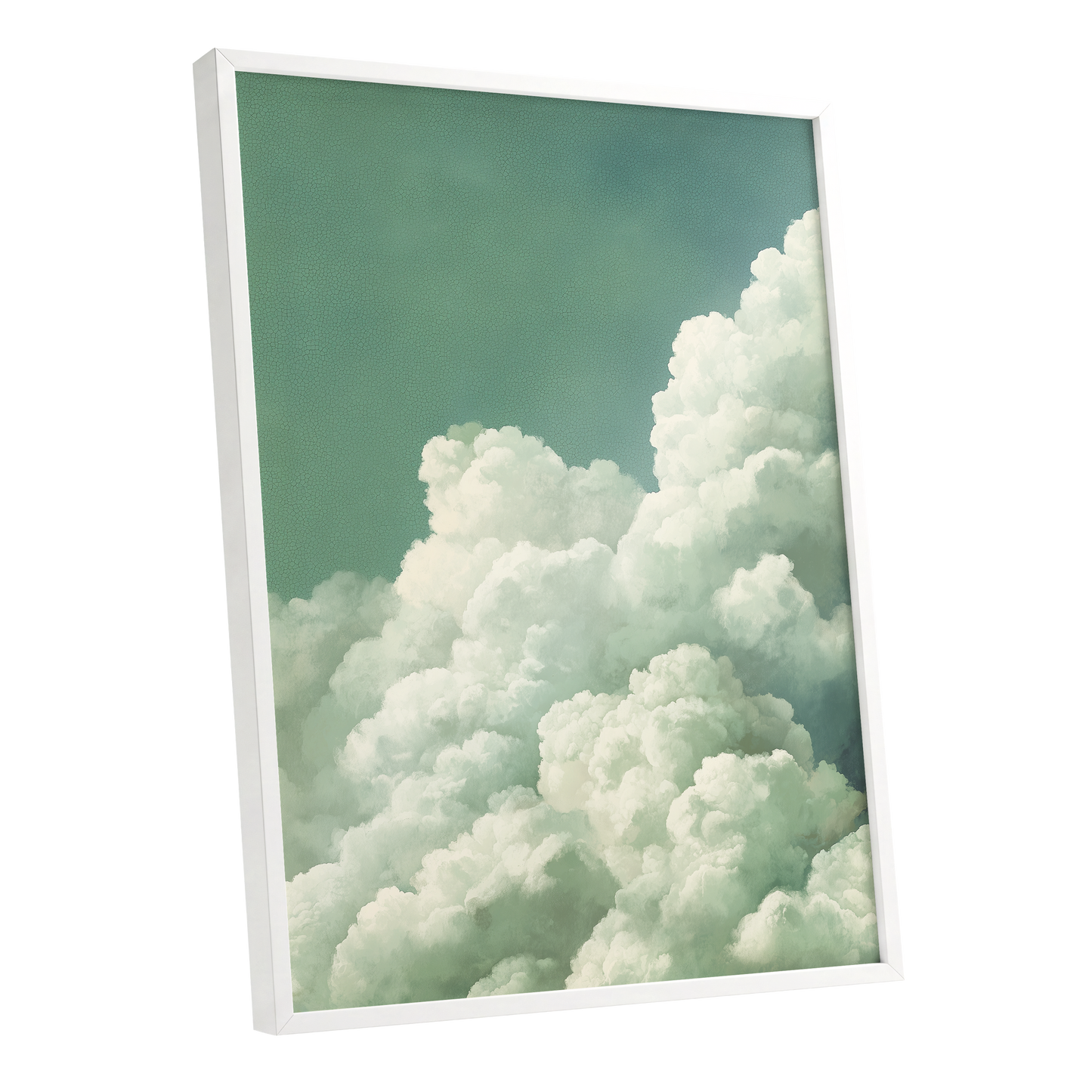 Verdant Cloudscape, green, white, blue nature wall art shown as a white framed poster wall art print