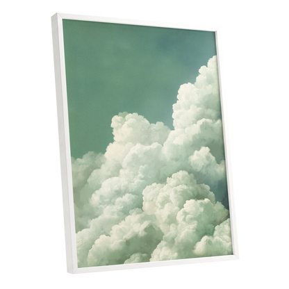 Verdant Cloudscape, green, white, blue nature wall art shown as a white framed poster wall art print