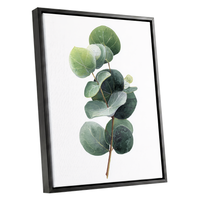 Verdant Coin Leaves, green, gray, white nature wall art shown as a black framed canvas wall art