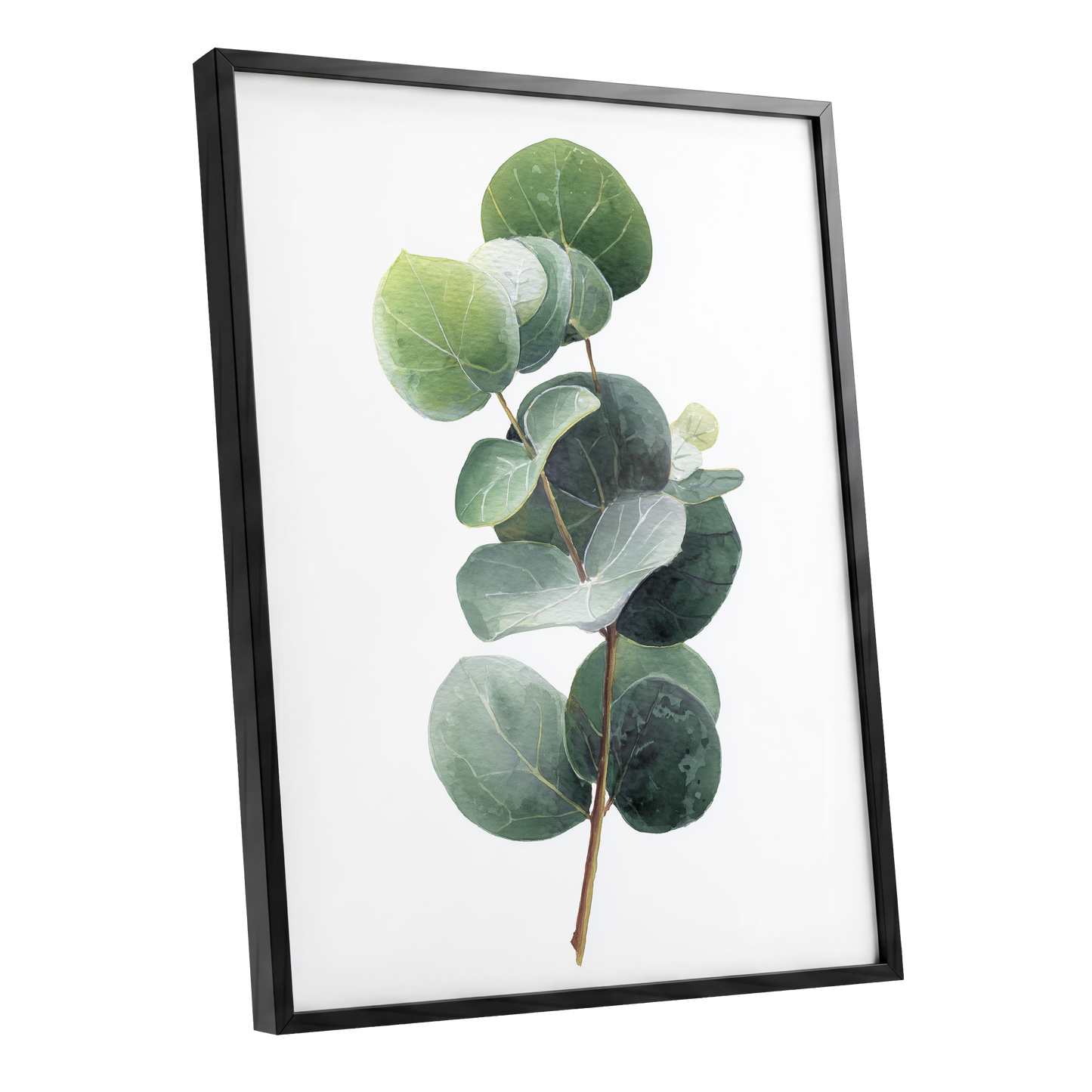 Verdant Coin Leaves, green, gray, white nature wall art shown as a black framed poster wall art print